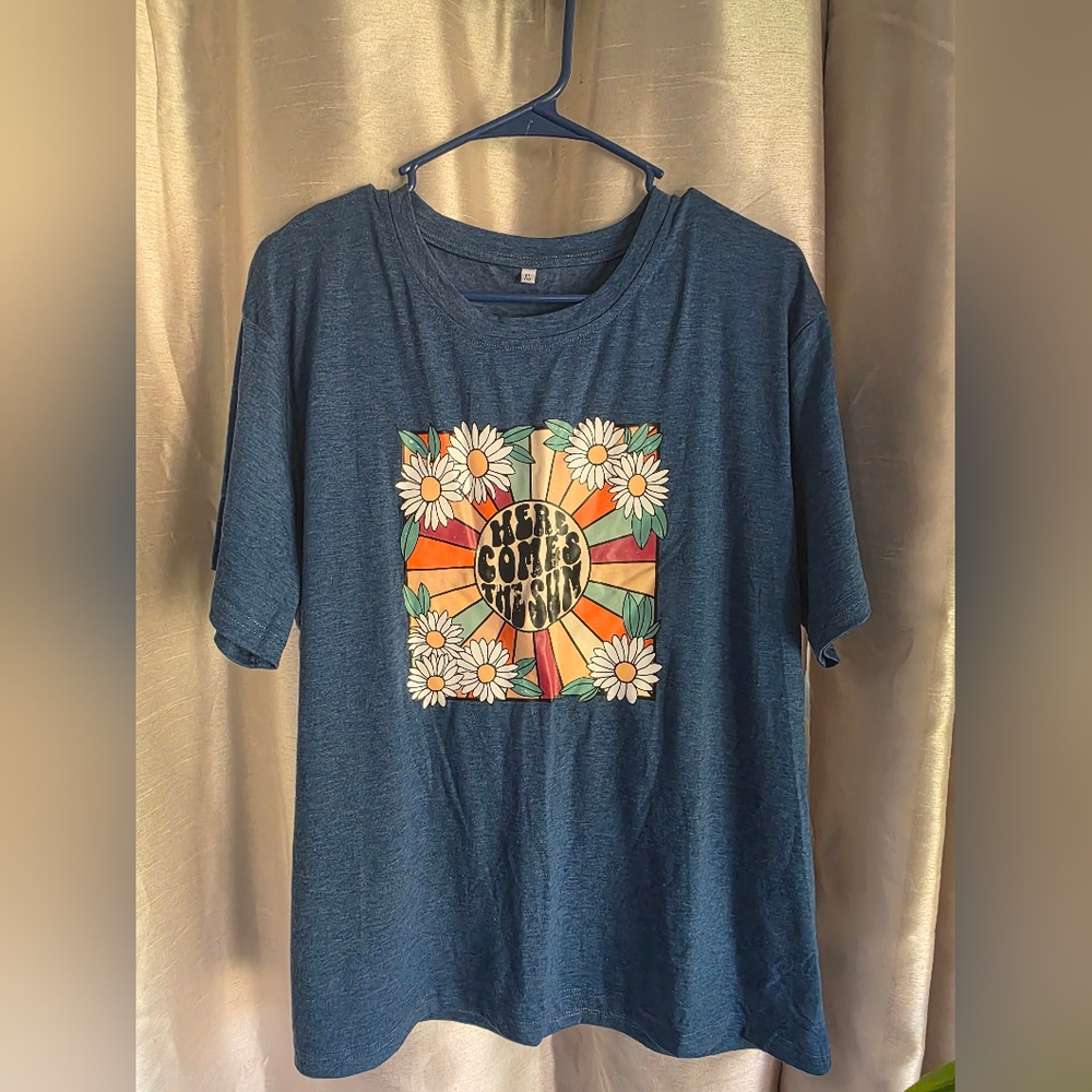 Blue Graphic T-Shirt with Floral Design